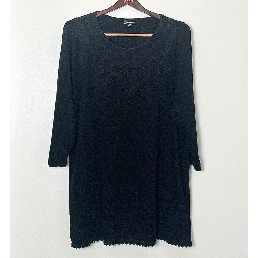 Lucky Brand Tunic Top  Womens 2X Black Embroidered Crochet Trim 3/4 Sleeve Boho